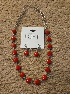 LOFT Silver Chain Necklace and Drop Earrings with Red Beads